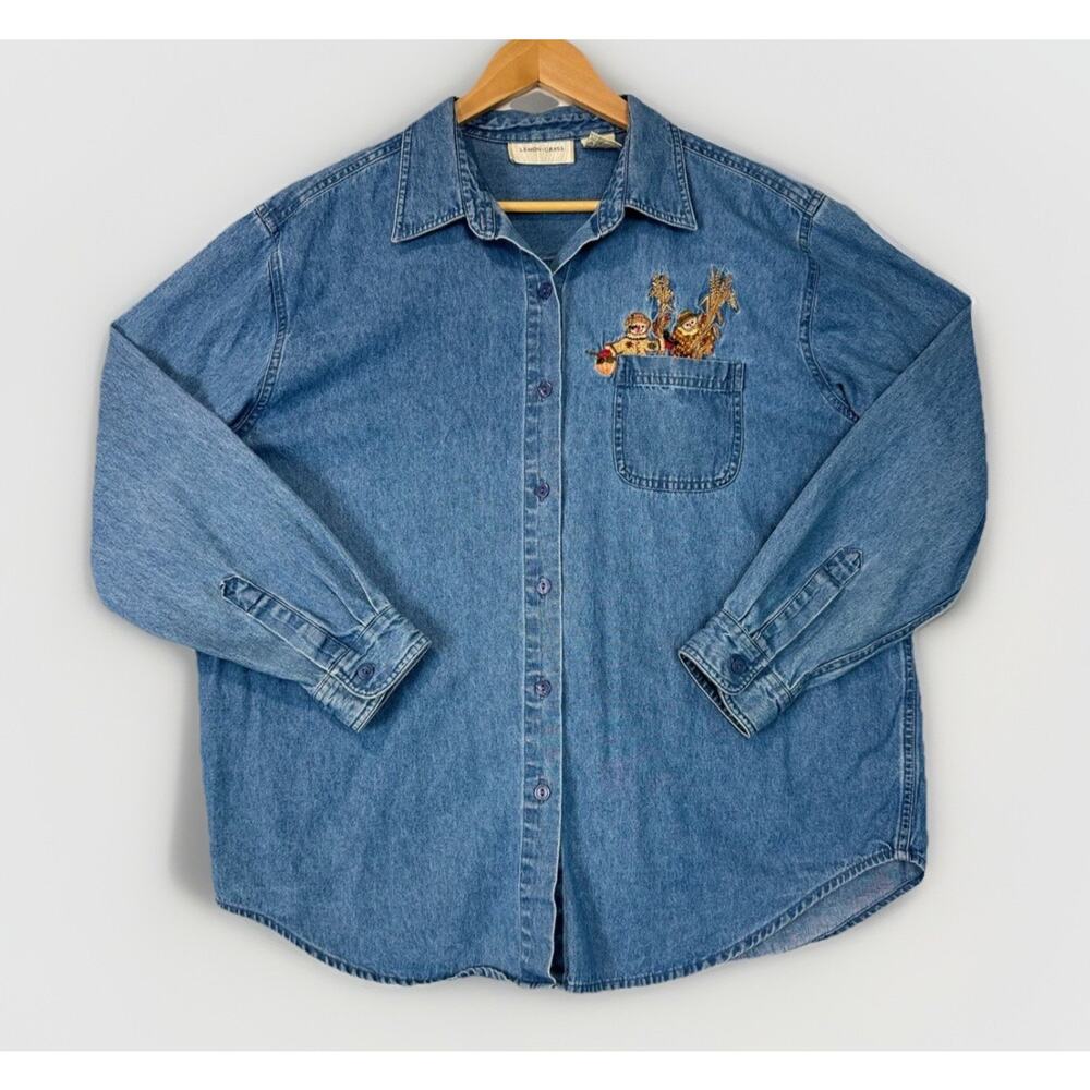 Vtg Denim Button Up Shirt Embroidered Scarecrow Fall‎ Harvest XL Lemon Grass